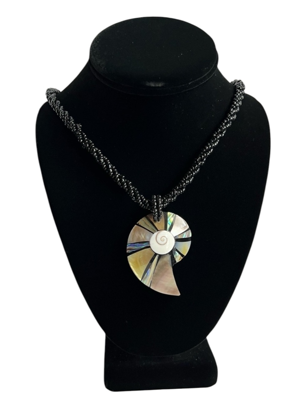 Beachcore Abalone Shell Spiral Pendant Necklace Black Beaded Cord